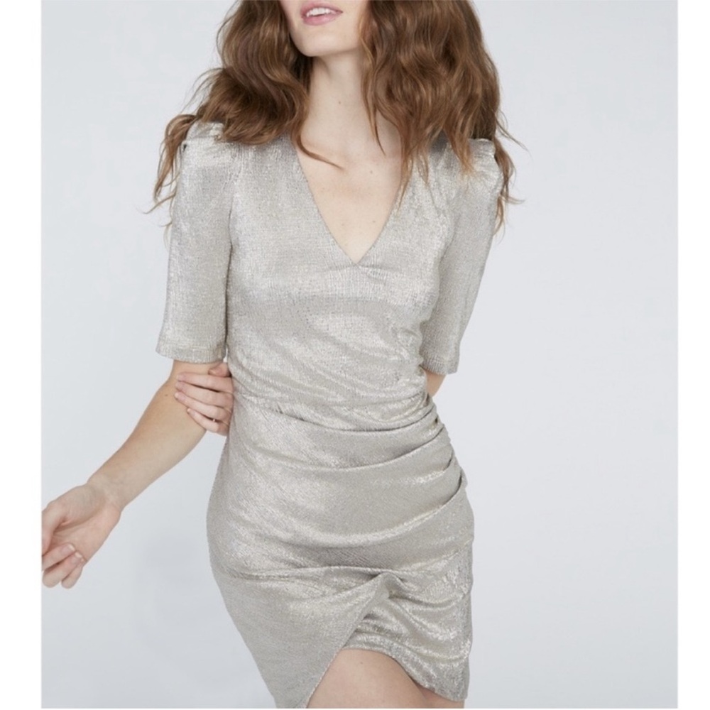 Alice + Olivia Metallic Silver V-Neck Ruched Mini Dress